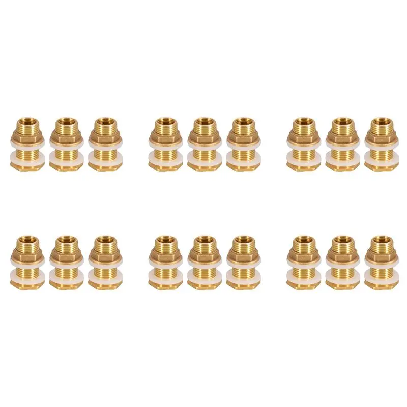 LICE-Solid Brass Bulkhead Fitting, 18 Sets 3/8 Inch Female 1/2 Inch Male Solid Brass Water Tank Connector Threaded With Ring