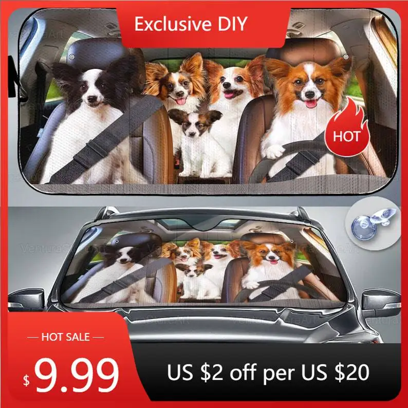 Papillon Car Sunshade, Dog Car Decoration, Papillon Lover, Auto Sun Shade, Gift For Dad, Car Windshield, Gift For Him, PHT032206