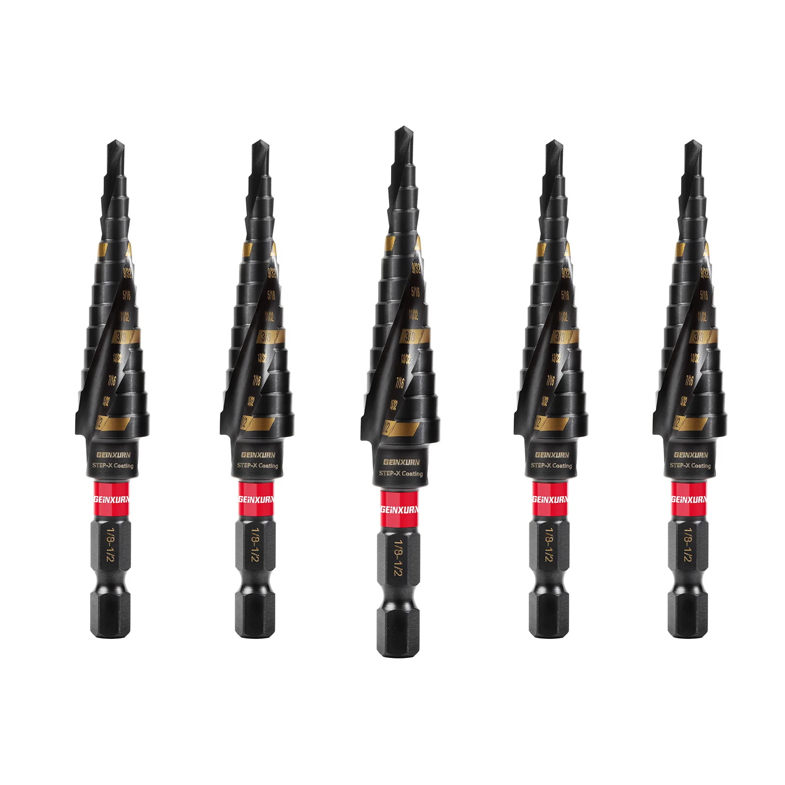 Geinxurn 1/8"-1/2" Titanium Step Drill Bit Set, Spiral Flute Fast Chip Removal & Quick Release Shank for Metal, Wood, Plastic