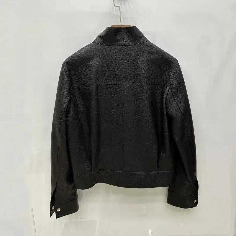 Genuine Leather Jacket Lychee-Patterned Sheepskin Soft Short Length Big Pockets Women Coat Spring Autumn