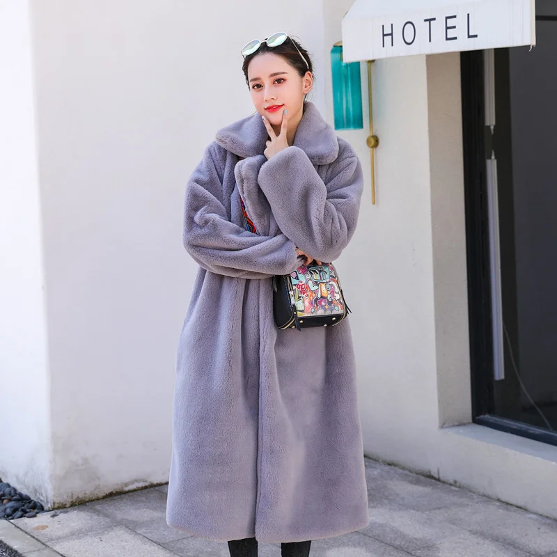 2024 Women Winter Warm Faux Fur Coat Thick Long Turn Down Collar Female Long Sleeve Imitation Rabbit Fur Outwear Casaco Feminino