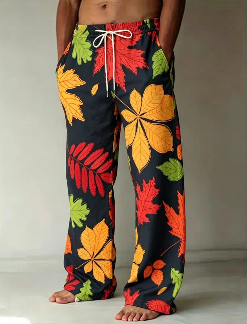 

Men's natural inspiration leaf print casual wide leg pants, loose drawstring style, for seasonal styles in multiple scenes
