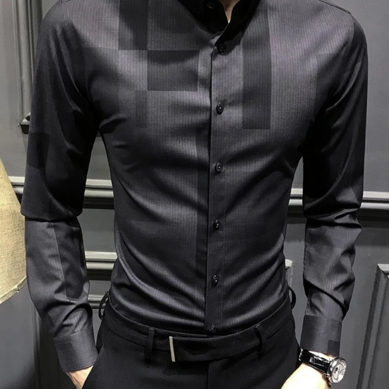 2023 Spring New Long Sleeve Men\'s Clothing Trend Lapel Single-breasted Fashion Slim Korean Version Printed Business Casual Shirt