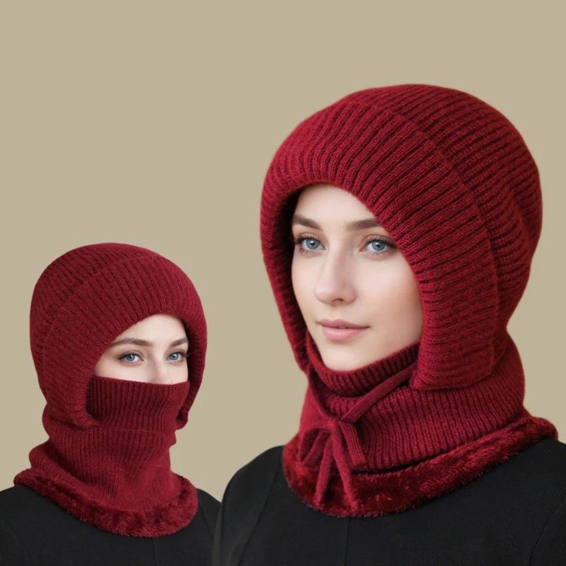 

Thickened Fleece Winter Knitted Hat Women's Integrated Scarf Mask Warm Hat Cycling Cap One Piece Mom Hat Warmth Protection