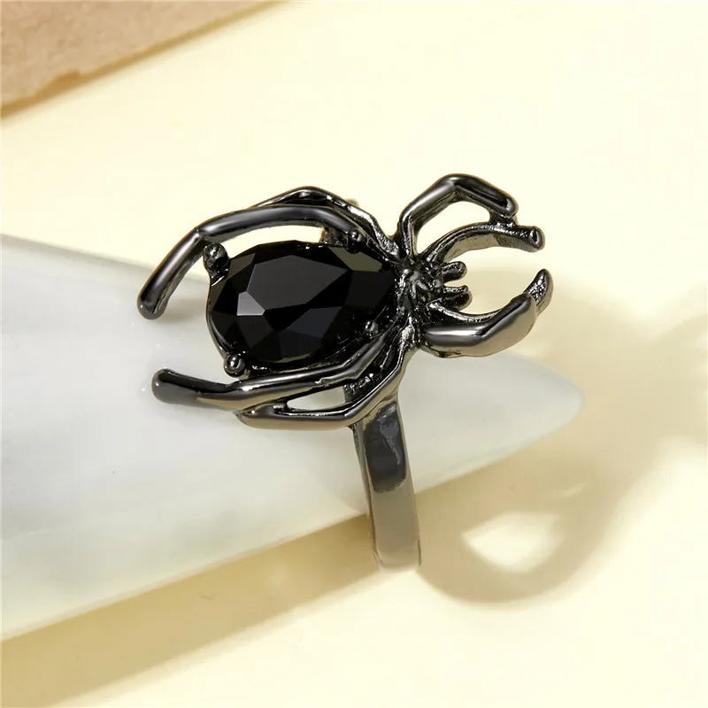 Gothic Punk Unregelmäßige Spinne Öffnung Ring Frauen Männer Mode Zirkon Schwarz Kristall Dark Tier Ring Hip Hop Party Finger Schmuck – Detail 10
