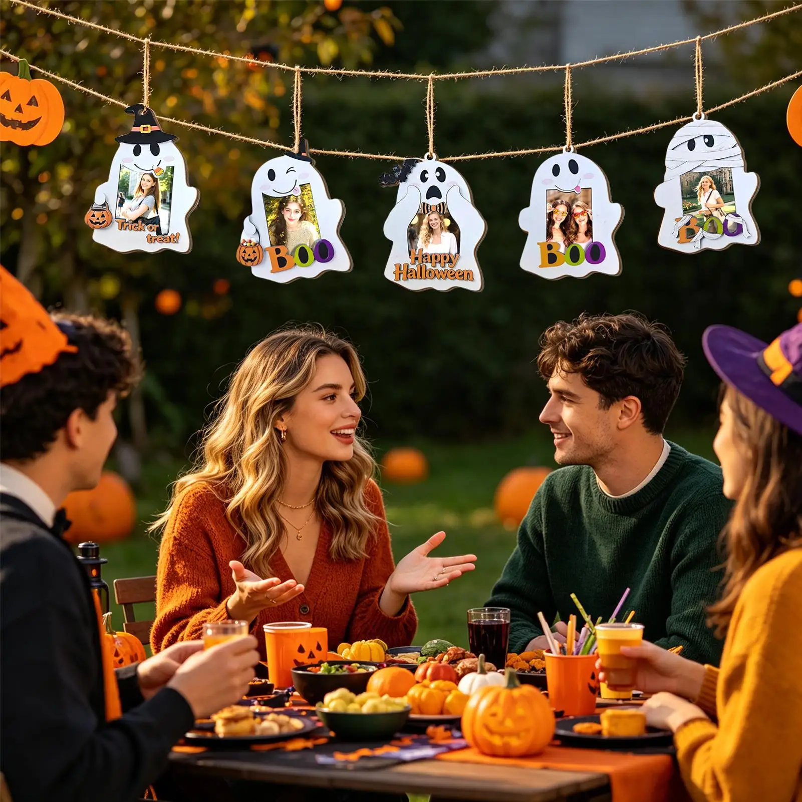 Ghost Photo Frame 5 Pieces Wooden Halloween Table Decor Hangable Photo Frame Ornament For Homeowners Renters Home Office Dorm