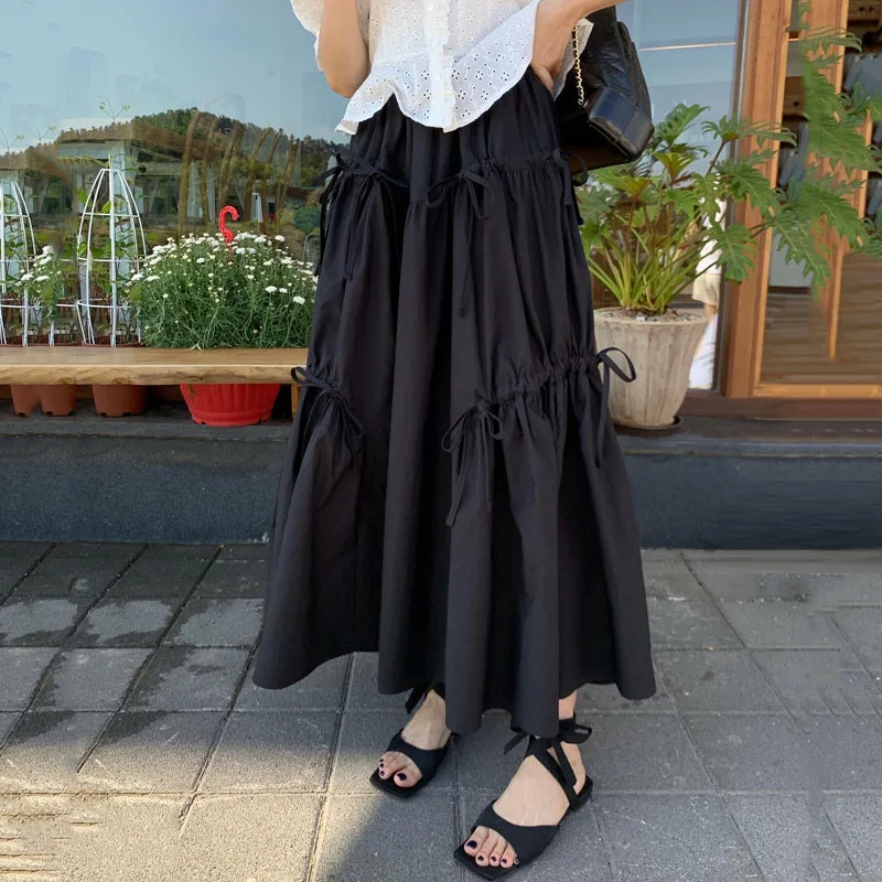 

Black Skirt White Drawstring Tied Elastic Fashion Asymmetrical High-waisted Woman Ruffles Long Korean Style Clothes Gyaru