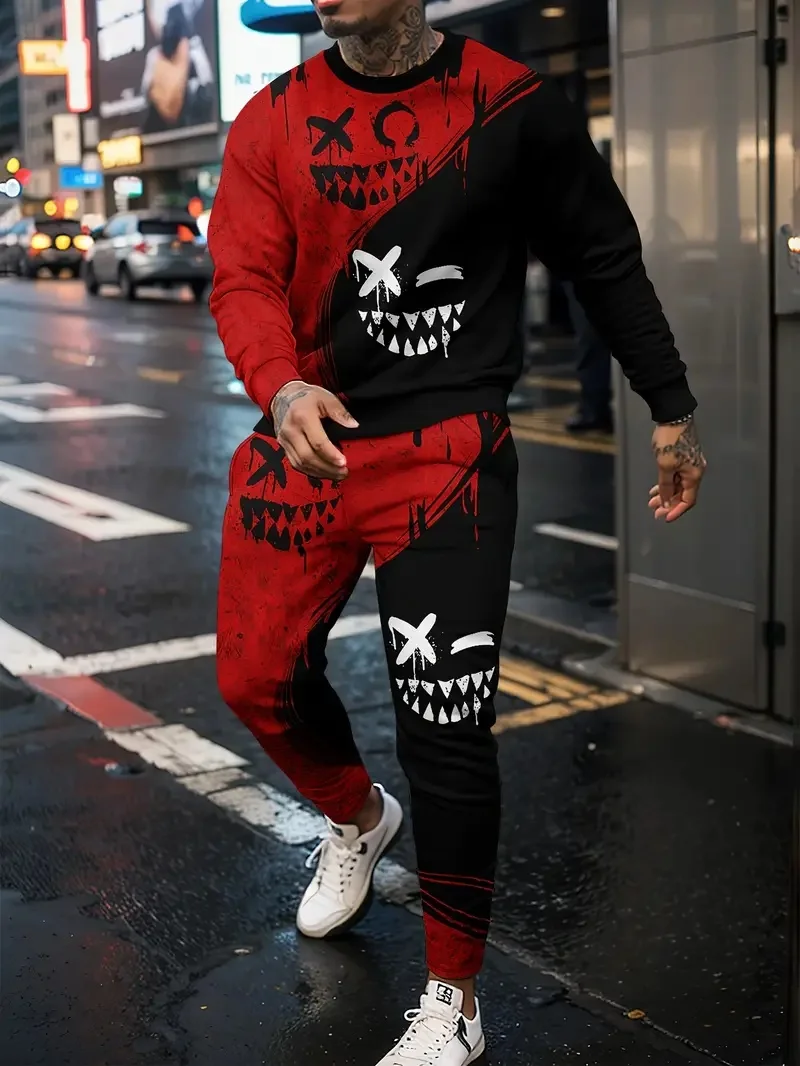 

Men's suit sportswear devil 3D printed long sleeved T-shirt, fashionable men's pullover, casual sports pants set