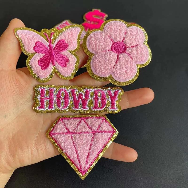 Pink Chenille Patches with Golden Edged Flower,Butterfly,HOWDY Letter Badges Iron On Embroidered Patch Sew on Clothes Stickers