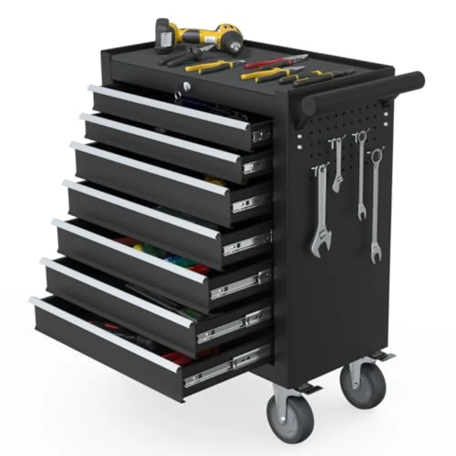 

7-Drawer Rolling Tool Chest with 4 Wheels High-Capacity Detachable Mobile Tool Storage Cabinet in Black for Garage Workshop Mec