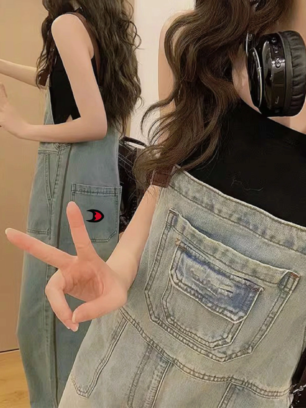 Adorable American Sle Denim Overalls Women's Spring Autumn Loose Wide Leg Workwear High Waist Casual Zipper High Waist