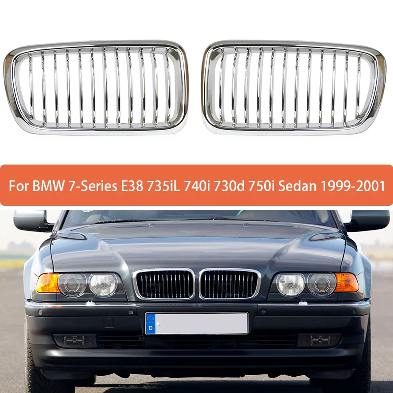 Pair Left&Right Front Hood Grille Kidney Grille Silver For BMW 7-Series E38 735iL 740i 730d 750i Sedan 1999-2001 51138125811