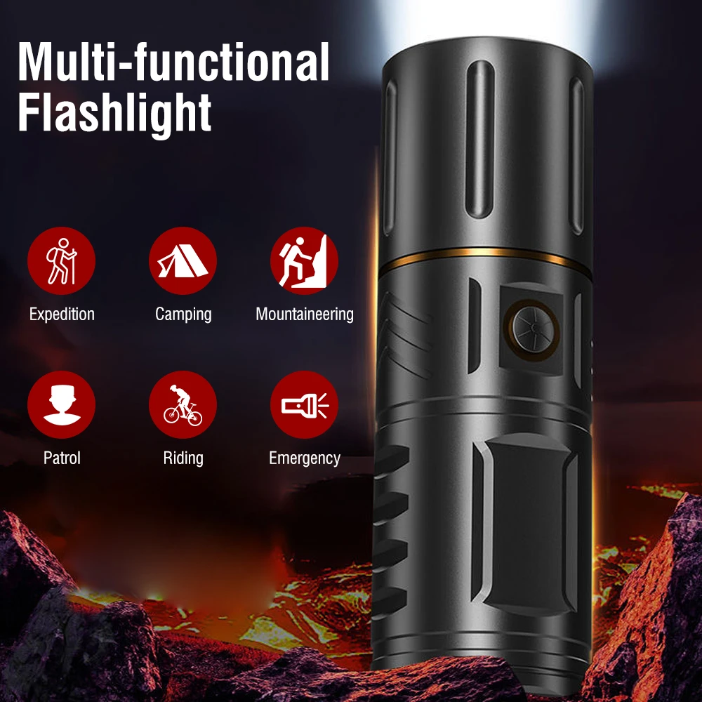 BORUiT LED Zoom Flashlight 4-Modes USB Rechargeable Built-in 26650 Battery Waterproof Torch Outdoor Camping Fishing Night Riding