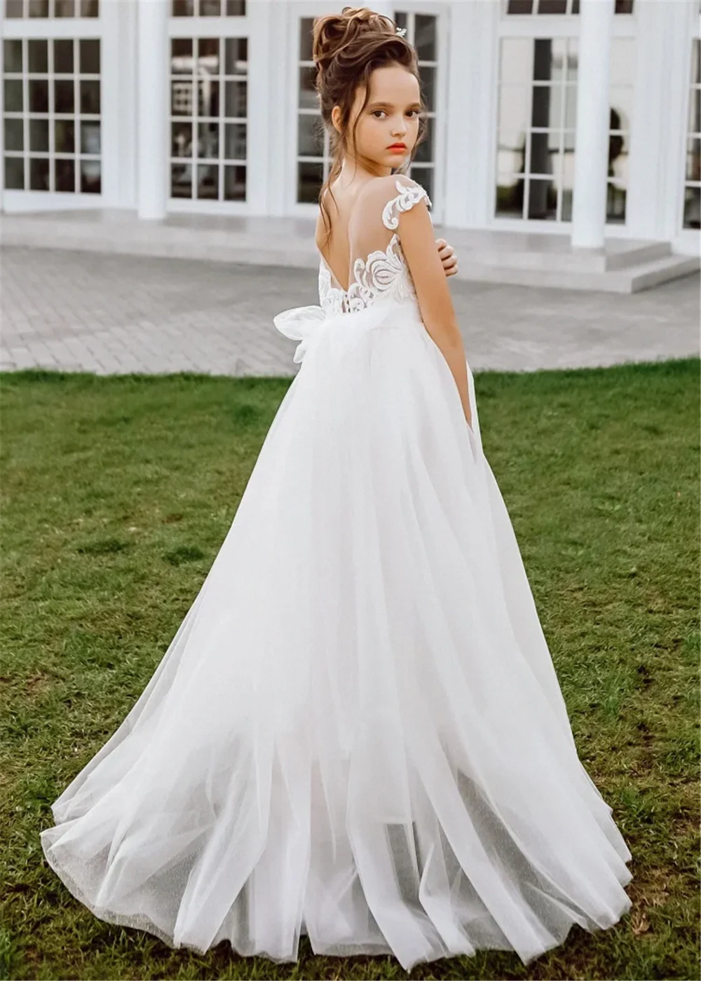 Robes de demoiselle d'honneur blanches, appliques en tulle, nœud papillon pour mariage, fête d'anniversaire pour enfants, cadeau de première communion