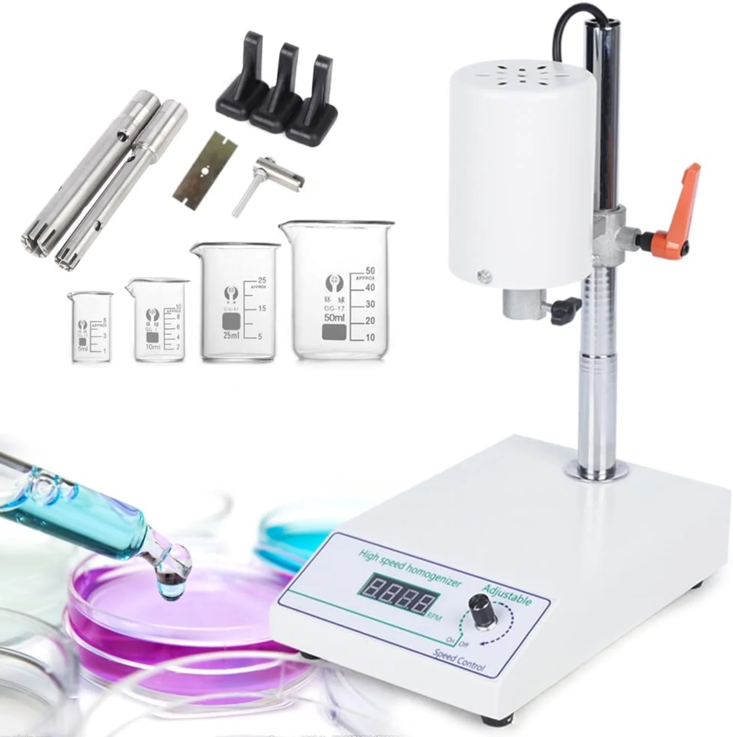 FSH-2A High Speed Homogenizer Lab Disperser Emulsifier 5~1000ml Speed Adjustable 8000~22000rpm with 2 Working Heads