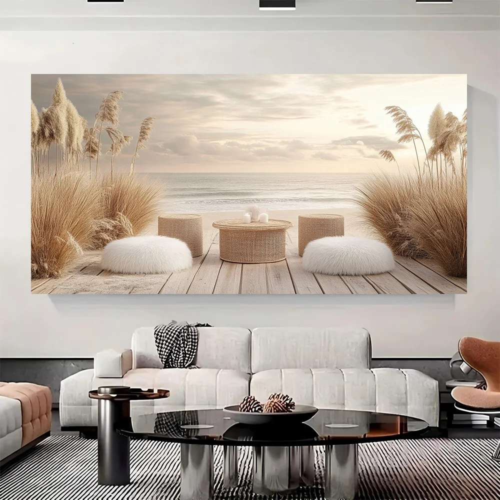 Modern Retro-Style 2D Flat Featuring a Beachside Serenity Scene with Wicker Furniture. Printed Poster Serves As an Elegant Decor