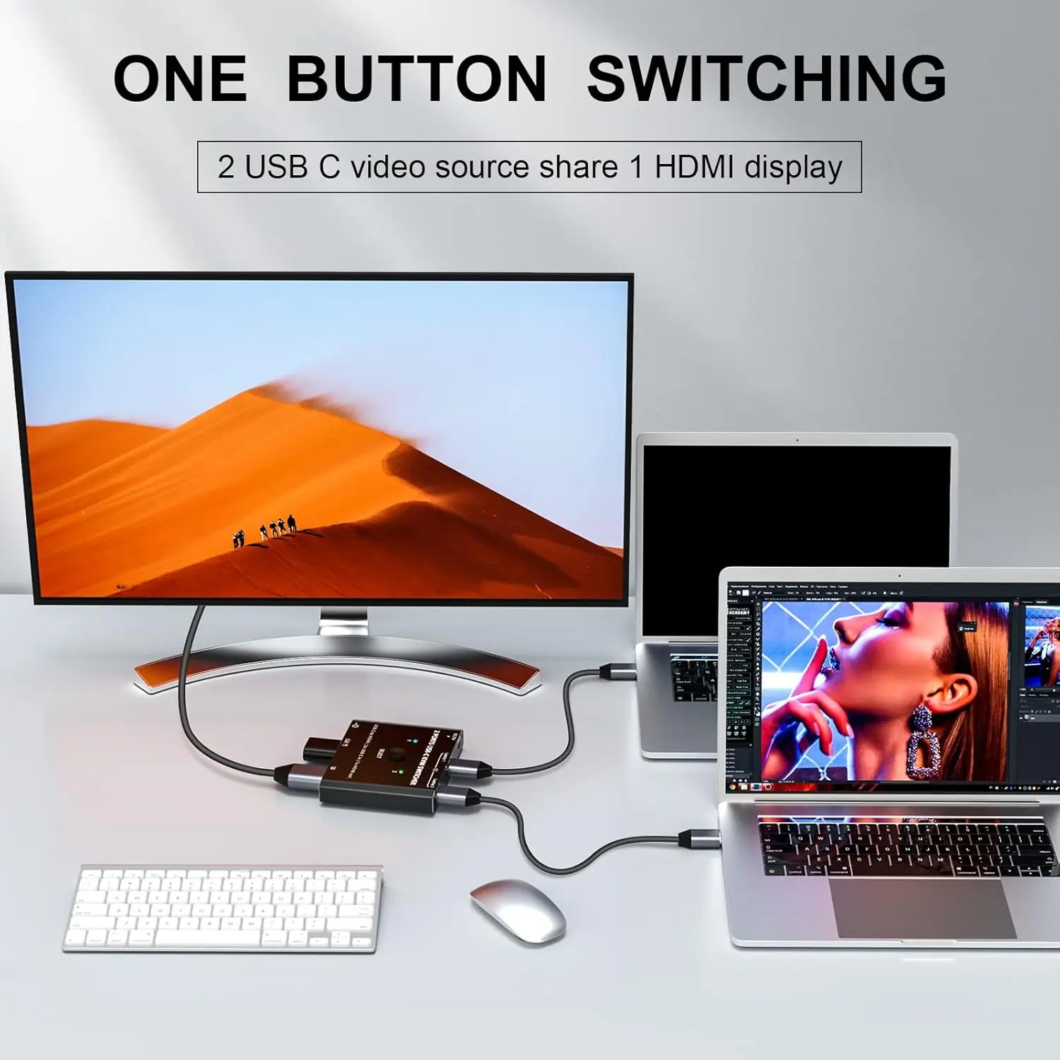 USB Type-C KVM 스위치4K@60Hz2개의 USB-C 포트 노트북용 2포트 C-HDMI 스위치, 케이블 리모컨 및 USB-C 케이블을 통해 1개의 HDMI 모니터 및 USB 장치 공유