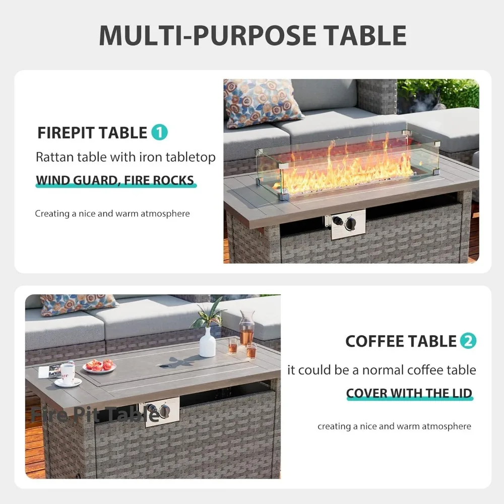 Fire Pit Table with Wind Guard for Outdoor, Auto-Ignition Propane Gas Firepits Rattan Rectangular Table for Outside Patio 60,000
