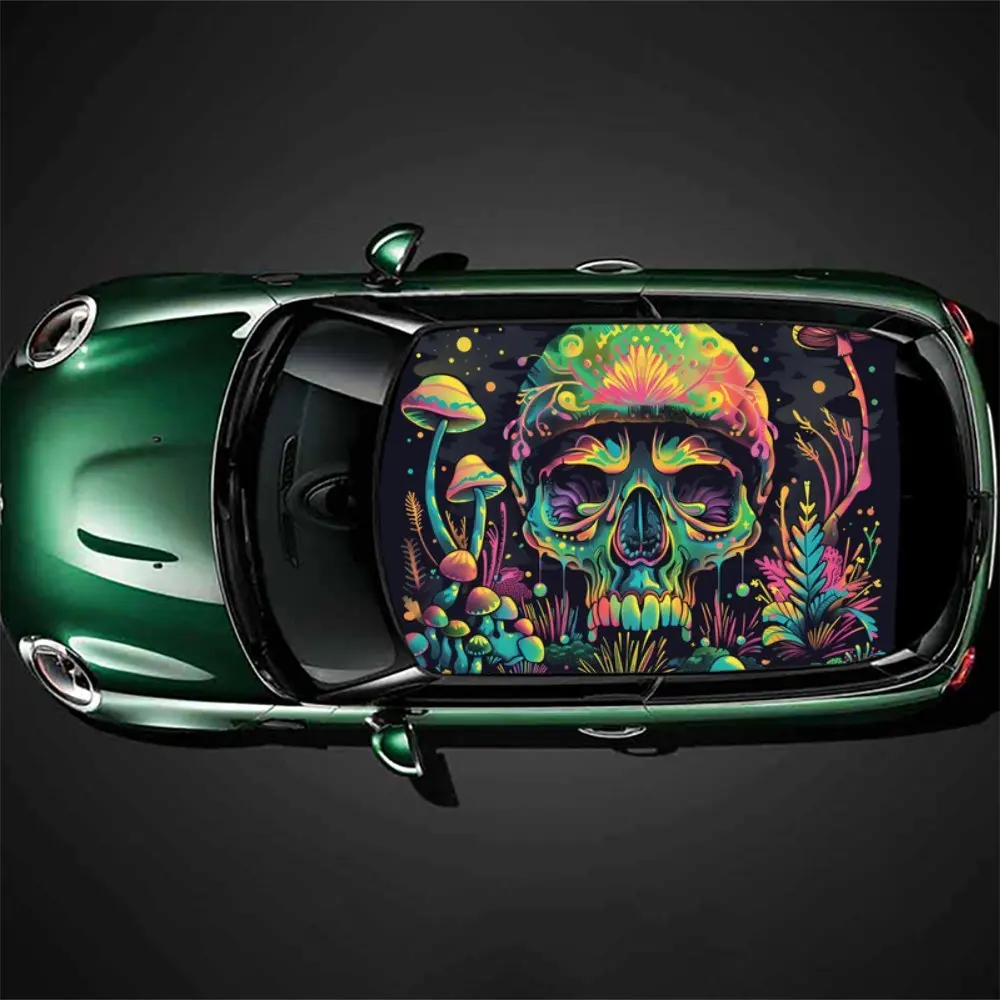 1 PCS easy-to-install Neon Skull and Mushrooms pattern Car roof sticker, vinyl packaging, suitable for most cars; bubble-free de