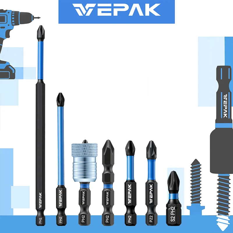 VEPAK S2 Steel Magnetic Impact Screwdriver Bits Anti-Slip PH PZ Drill Bit Set 1/4