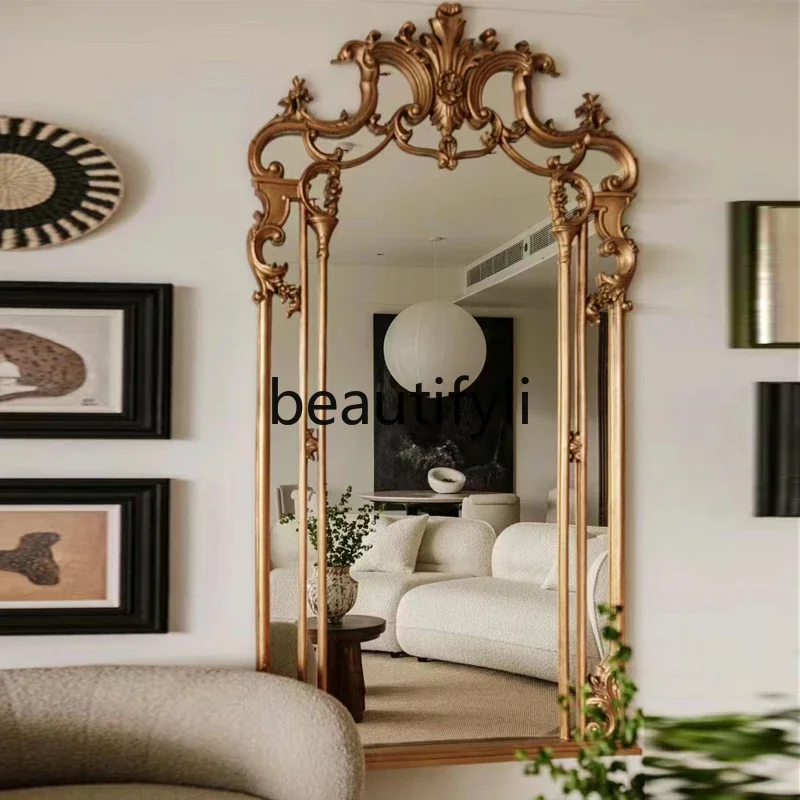 

French retro carved dressing mirror living room bedroom floor-to-ceiling fitting mirror European full-length mirror decorative