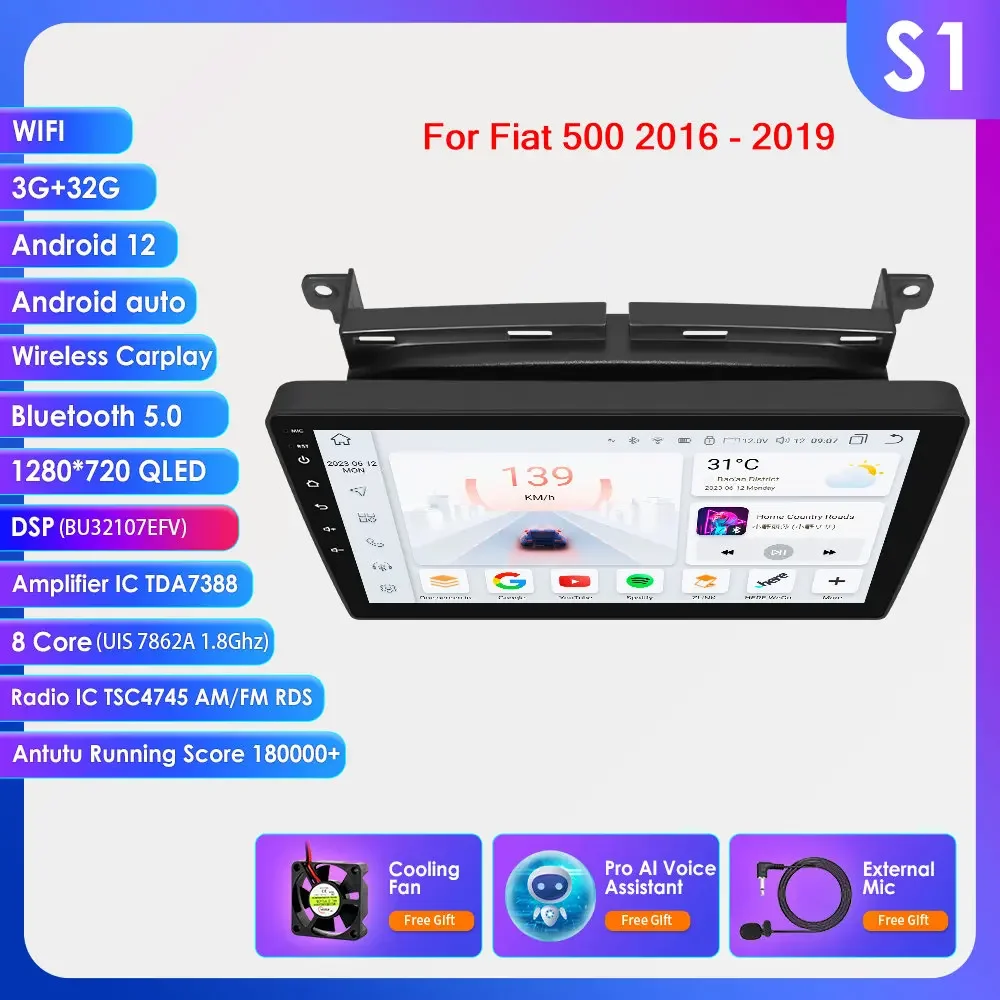 Hizpo 9 ''Draadloze Carplay Android Auto Auto Multimedia Speler Voor Fiat 500 2016 2017 2018 2019 Carplay 4G Autoradio 360 ° Camera