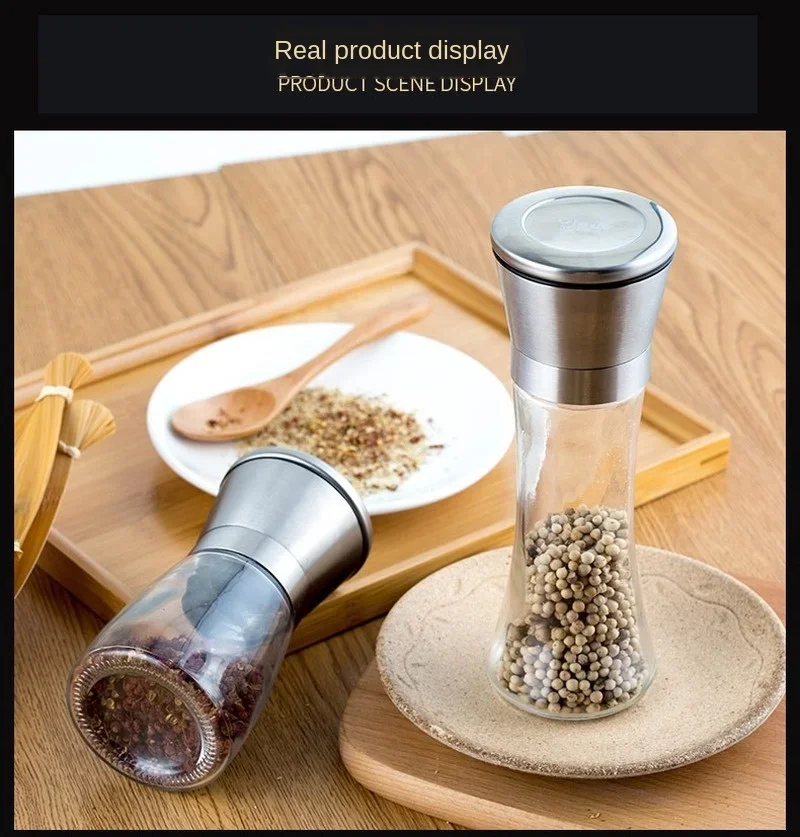 Brushed Stainless Steel Pepper Mill and Salt Mill, 6 Oz Glass Tall Body, 5 Grade Adjustable Ceramic Rotor