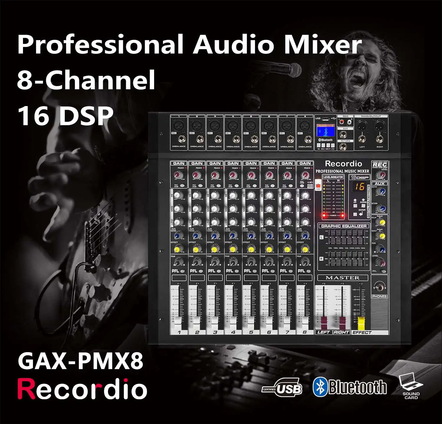 GAX-PMX8 Mixer audio professionale da 500 W + 48 V Phantom Power 16 DSP Effetti Blueteeth USB Computer Play Registrazione Mixer di potenza