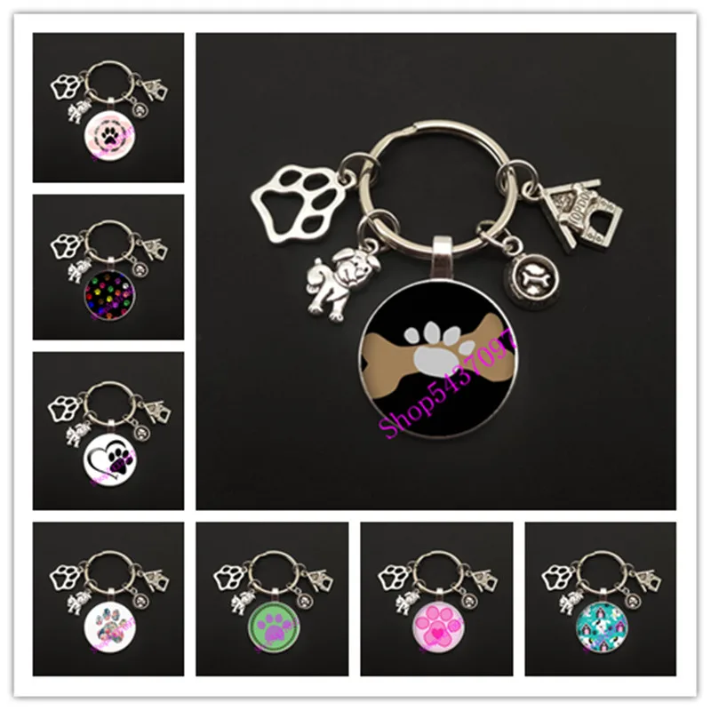 Cartoon Dog Claw Fashion Keychain Pet Claw Glass Convex Circular Keyring Car Bag Pendant Women Men's Jewelry Gift Brand New