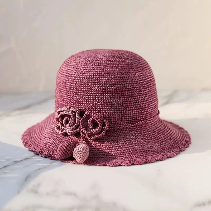 original-handwoven-laffey-straw-hat-pink-floral-bowl-hat-summer-vacation-gift-hat-natural-material-geometric-pattern
