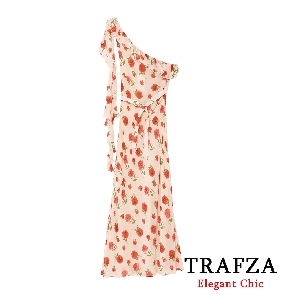 

TRAFZA-Women Elegant Sexy Floral Printed Dress Lace-up Inclined Shoulder Dress New 2025 Spring Summer Fashion Date Party Dress