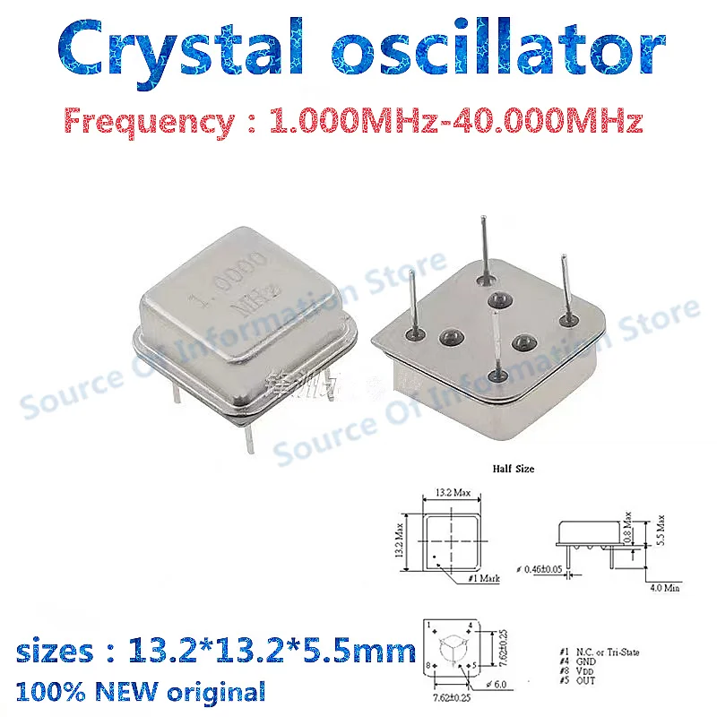 10Pcs, Crystal Oscillator DIP, 4Pin Size, 13.2*13.2*5.5mm, 1.000MHz, 4MHz, 6m, 8m, 10m, 11.0592M, 12MHz, 20m, 40MHz