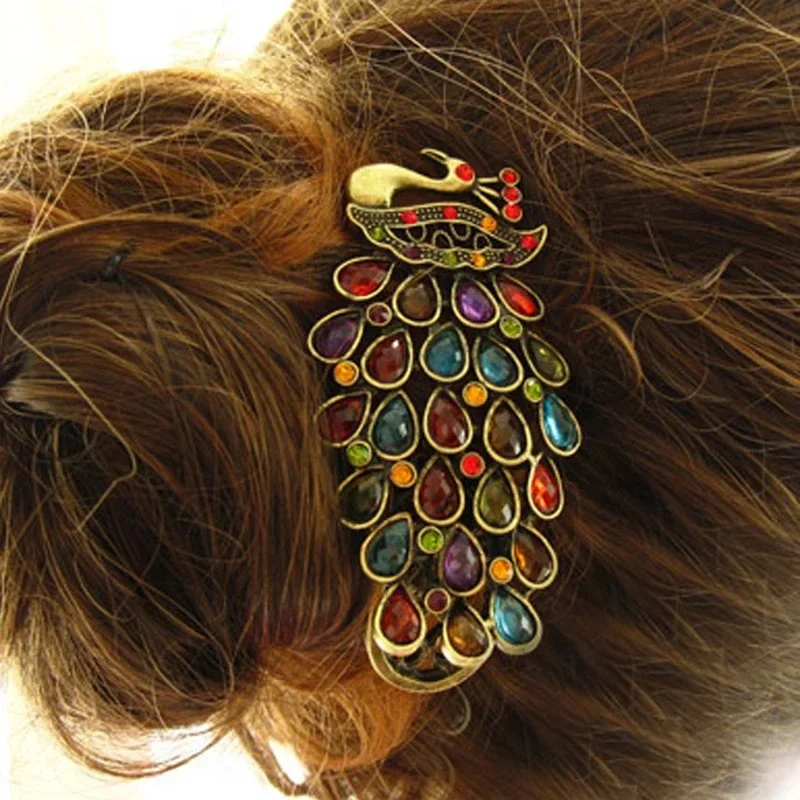 Luxury Rhinestone Peacock Hairpin Colorful Crystal Vintage Hair Clip Barrette For Women Girls Hair Accessories