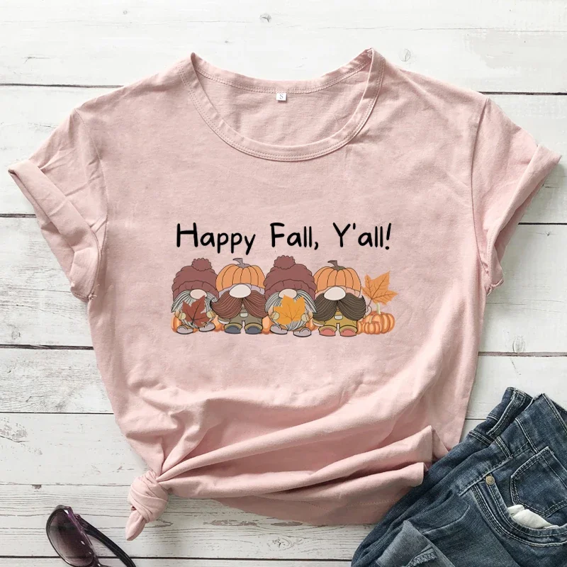 Women Letter Print T Shirt Happy Fall Yall Gnomes Colored T-shirt Happy Shirts Cute Tees Women Trendy Casual 90s Aesthetic Top