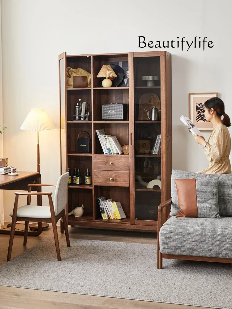 

J XX Solid Wood Bookcase Bookshelf Nordic Black Walnut Storage, Storage, Floor-to-ceiling Bookcase With Glass Door