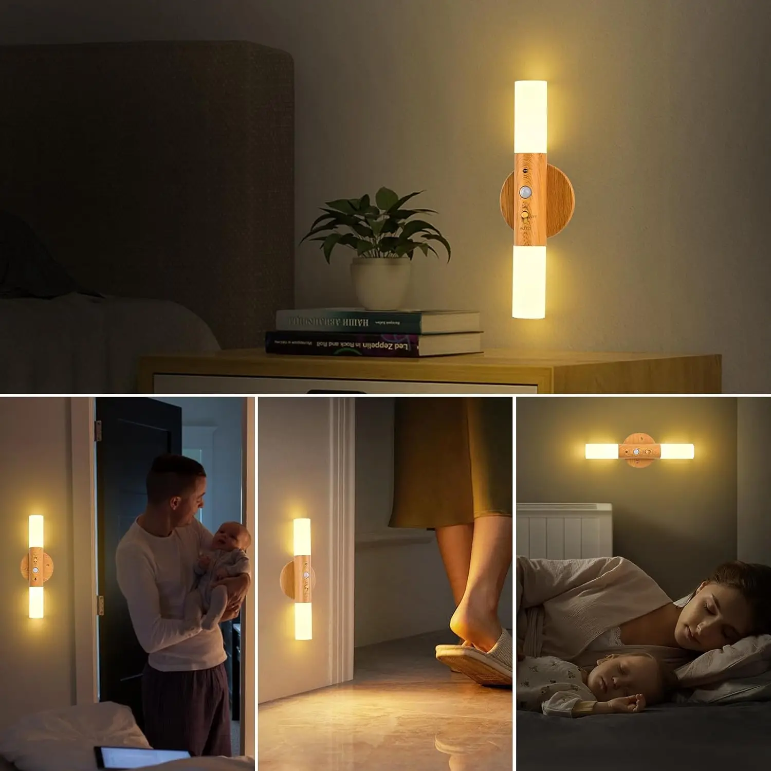 Indoor Wall Light, Pack of 2, USB Rechargeable Wall Night Light, Wood, Indoor with Motion Sensor, Induction,  LED Wall Lamp