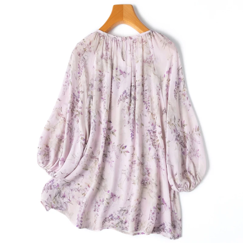 Women Silk Blouse 100% Mulberry Silk Crepe Silk Loose Type Purple Floral Printed Pullover Top Shirt Plus Size M1177