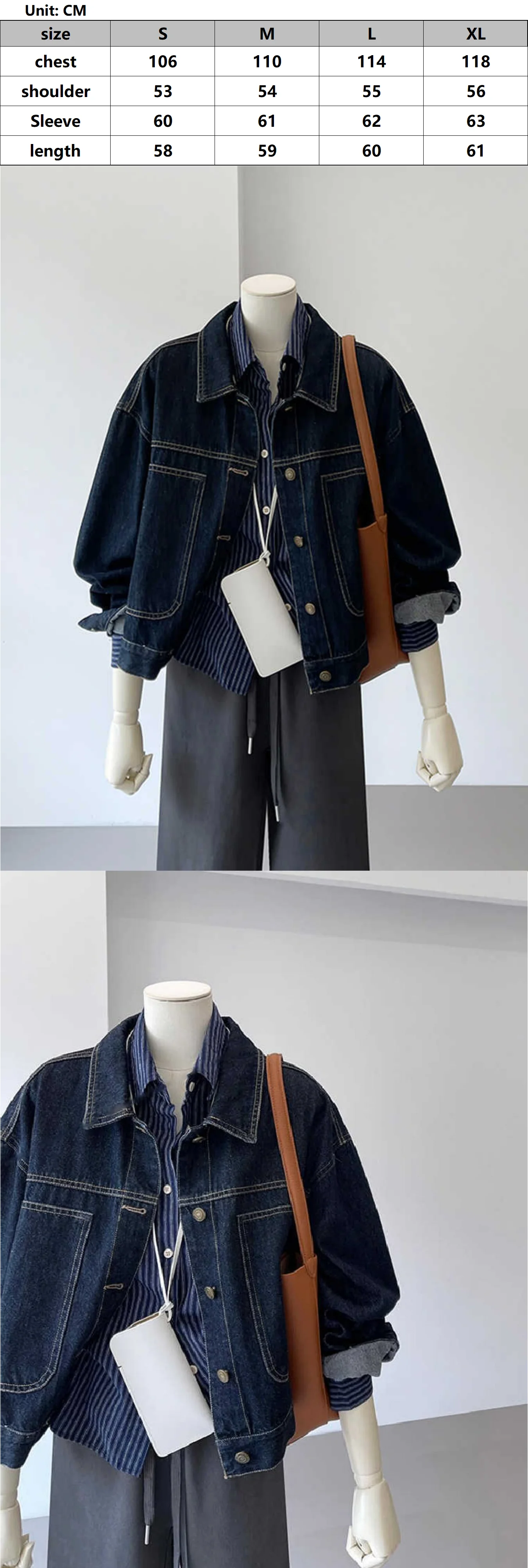 Damen Herbst- und Winterjacke im Hongkong-Stil, Marineblauer Revers-Mantel, BF-Style Locker Sitzende Retro-Arbeitsjacke, Lässiger Koreanischer Stil Gewaschener Denim-Oberteil – Detail 1