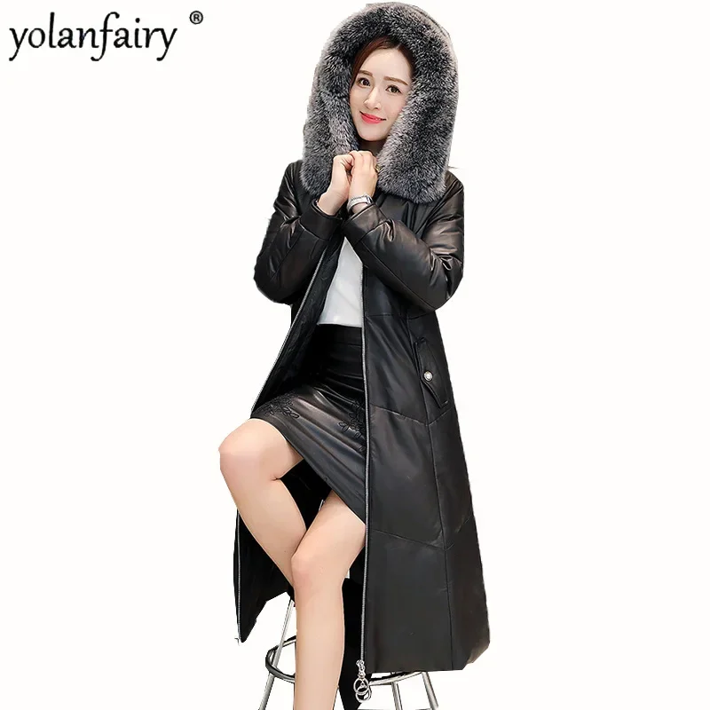 

2023 New Genuine Leather Down Coat Women's Long Fox Collar Hooded Natural Sheepskin Jackets Slim Women's Winter Jacket Chaqueta