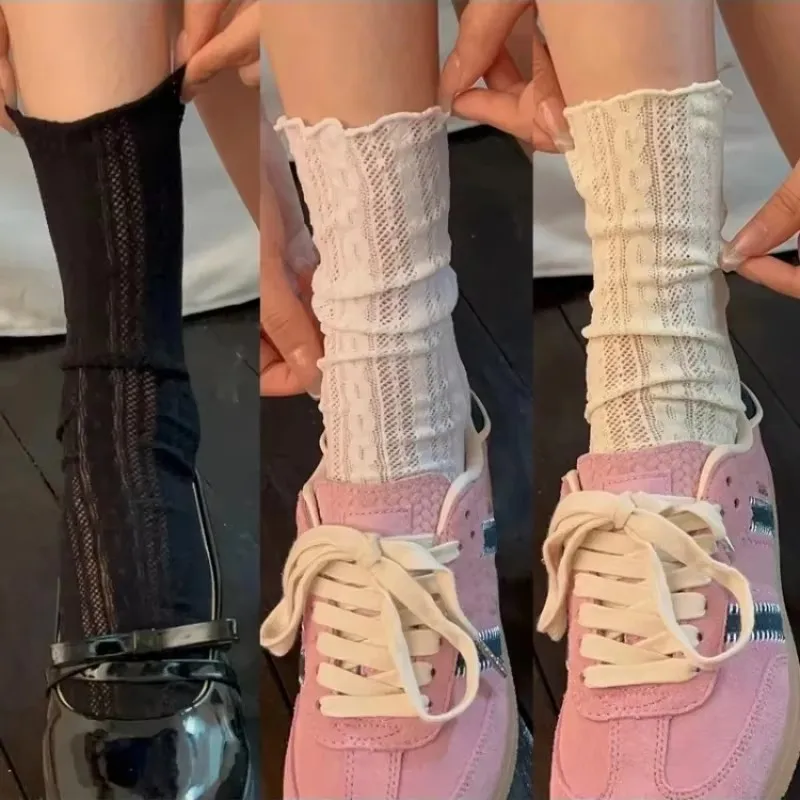 

3pairs Kawaii Girls Cute Socks Spring Summer Mesh Hollow Out Women Socks Solid Color Female Harajuku Retro Vintage Long Socks