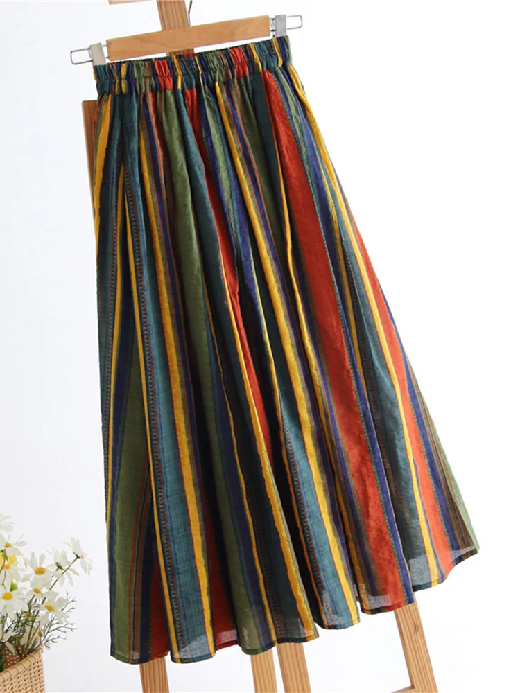 Women's Spring Summer Skirt Korean New Cotton Casual Long Thin Vacation Pure Cotton A-line Striped Cotton Linen Skirt SK018