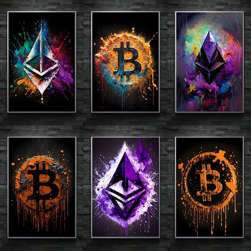 Watercolor Crypto Splatter Bitcoin Ethereum Poster ETH BTC Crypto Virtual Coins Canvas Painting Wall Art for Living Room Decor