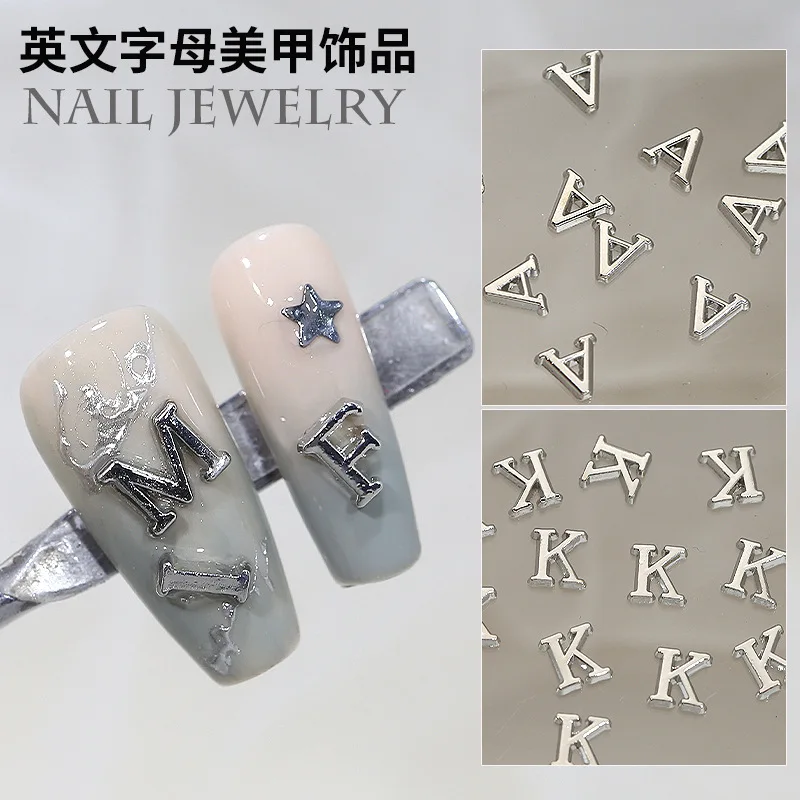 26Pcs 3D Silver A-Z Alphabet Nail Charms Flat Back Alloy Letter Nail Ornament Luxury Manicure Nail Art Decor for DIY Nail Design