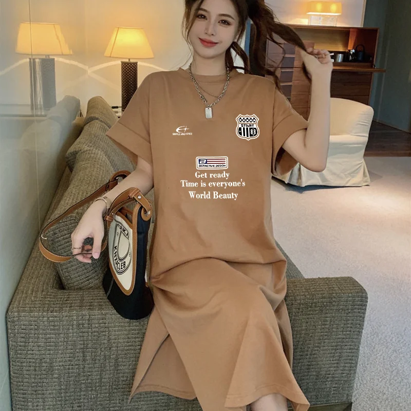 

Gothic H Letter Print Loose Maxi T Shirt Dress Women Casual Oversized Side Split Summer Long Dress
