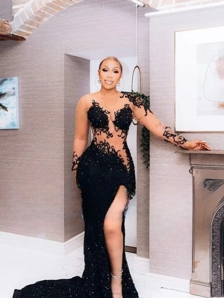 Abiti da ballo sexy a sirena nera Sheer O-Collo Manica lunga Perline scintillanti Abiti da sera spaccati laterali Abiti da cerimonia convenzionali