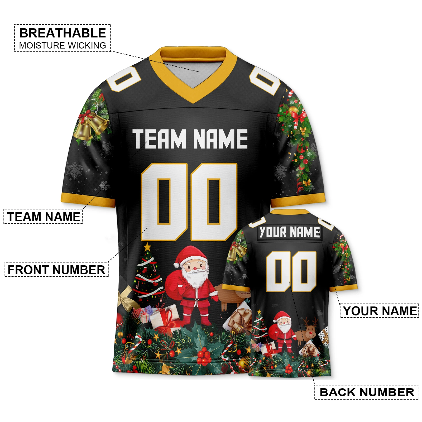 Black Football Christmas Shirt American Football Jersey Custom Name Number Santa Claus Team Fan Shirt Festive Gift for Family