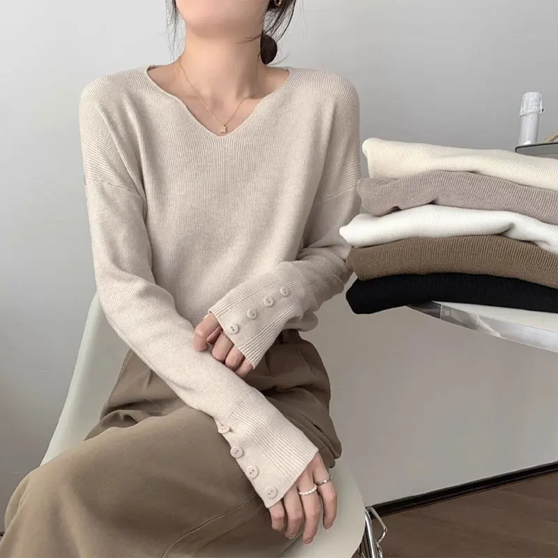 

Casual V-Neck Loose Sweaters Autumn Winter Commute Long Sleeve Women's Clothing Solid Color Basic Stylish Button Knitted Jumpers