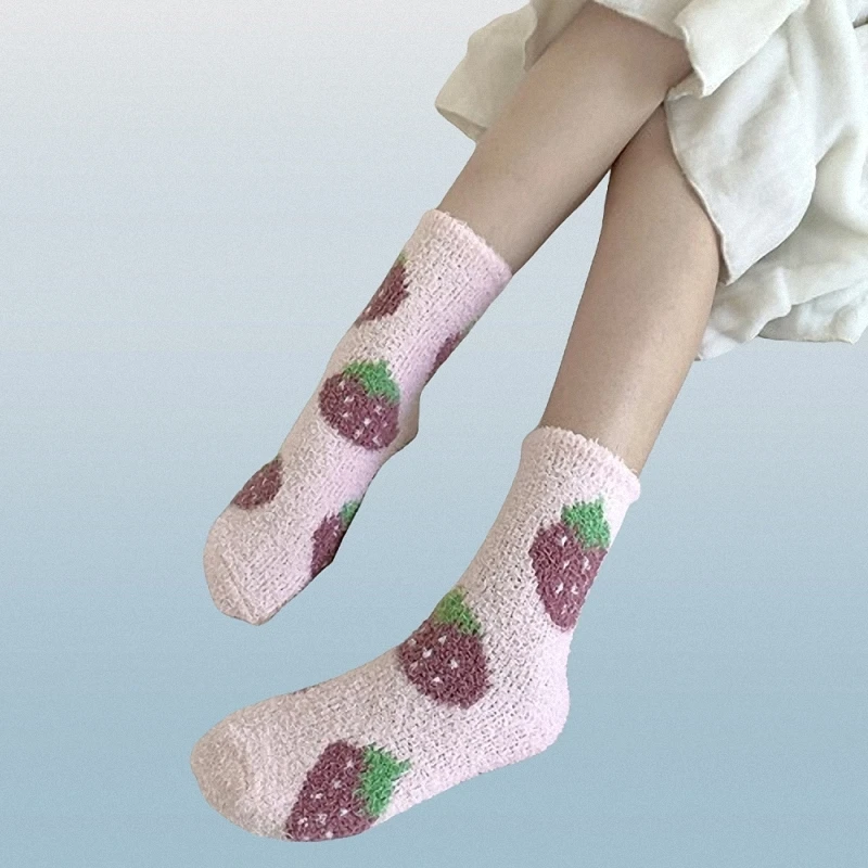 2/4 Pairs New Fashion Women's Fruits Socks Mid-tube Women's Socks Solid Colors Thickened Fleece Home Confinement Sleeping Socks