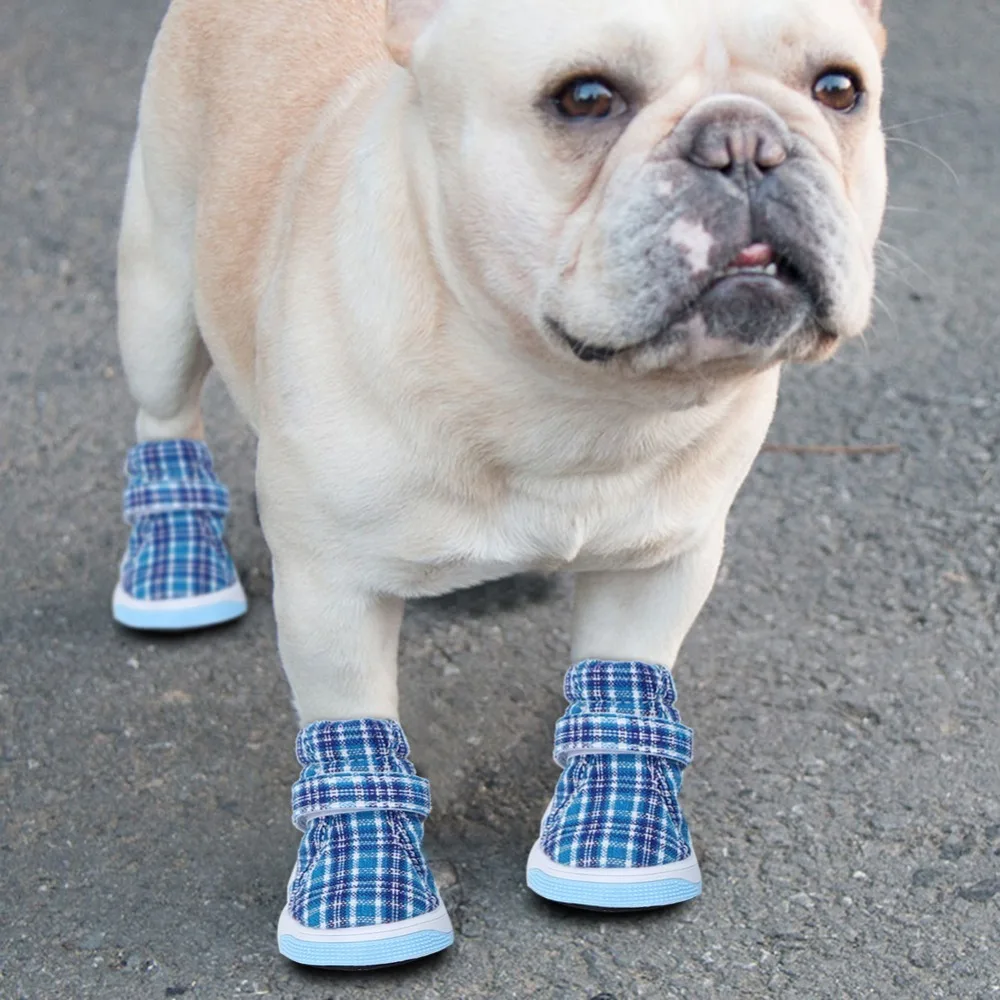 4Pcs Easy To Put On Canvas Fabric Dog Shoes Blue Breathable Pet Booties Flexible Light Weight Dog Canvas Shoes Pet Outdoor Use