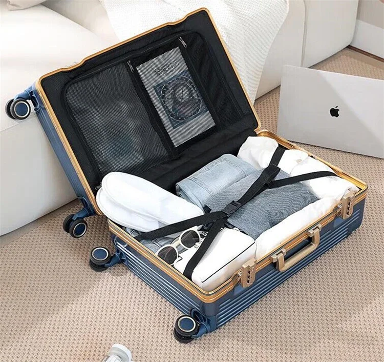 Aluminum Framed Boarding Suitcase of 20‘24’26‘28’ Inch Wide Handle Luggage with Laptop Mesh and USB Charging Front-open Trunk